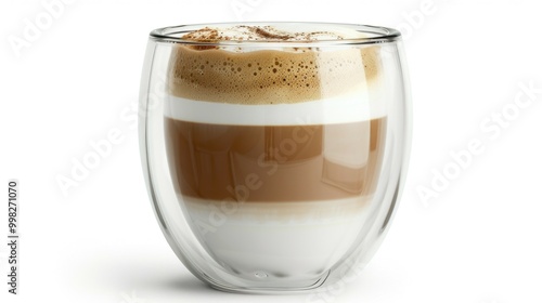 A cup of coffee. A trendy drink with whipped cream, coffee foam and milk in a double-glazed glass.