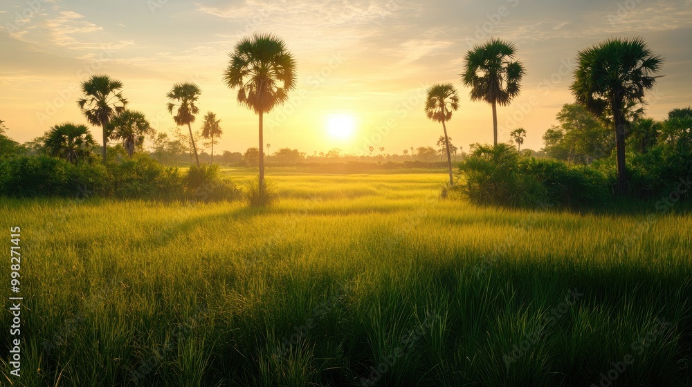An idyllic southern landscape featuring lush green fields and palm trees, bathed in golden sunlight as the sun sets, showcasing the tranquility of rural life.