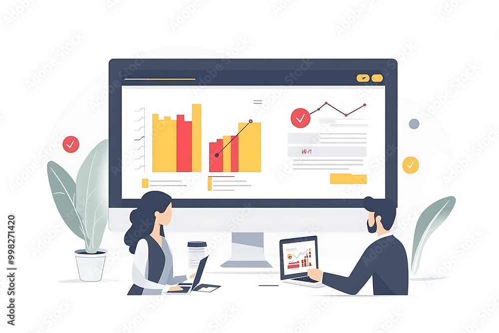 Fototapeta premium Two people analyzing data on a large screen.