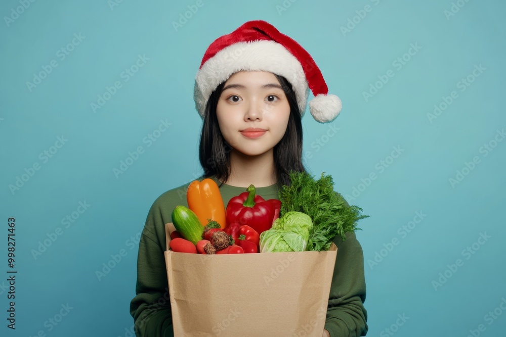a vibrant portrait of a young asian woman donning a santa hat, green shirt, and holding a craft paper bag filled with colorful vegetables, set against a plain blue-cyan backdrop a vibrant portrait of a young asian woman donning a santa hat, green shirt, and holding a craft paper bag filled with colorful vegetables, set against a plain blue-cyan backdrop