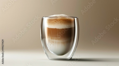 A cup of coffee. A trendy drink with whipped cream, coffee foam and milk in a double-glazed glass.