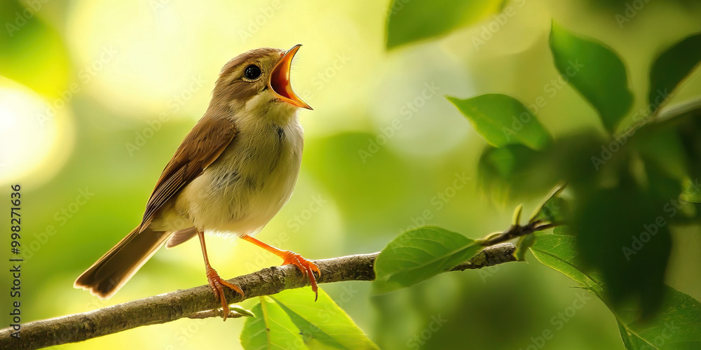 Obraz premium Nature's Symphony: A closeup of a bird perched on a branch, singing its melodious song amidst a lush forest backdrop.
