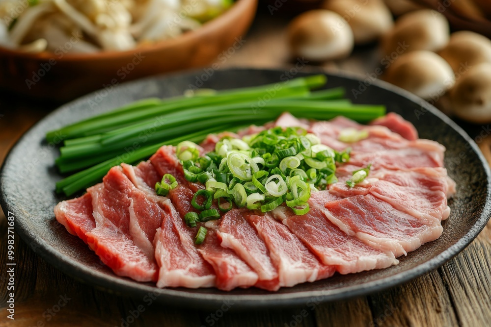 a vibrant still life of japanese ingredients, featuring thinly sliced beef, crisp green onions, and succulent shiitake mushrooms, arranged artfully on a rustic wooden table a vibrant still life of japanese ingredients, featuring thinly sliced beef, crisp green onions, and succulent shiitake mushrooms, arranged artfully on a rustic wooden table