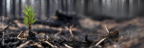 Pine shoots grow in the middle of a burned forest area