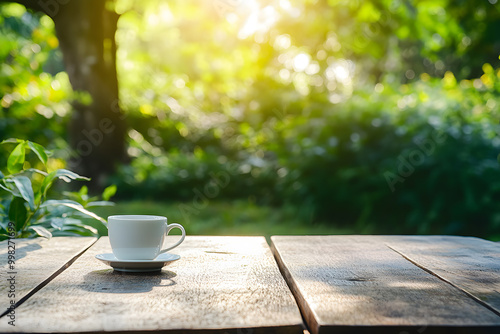 "Cozy Outdoor Breakfast: Wooden Garden Table with Coffee in Nature"