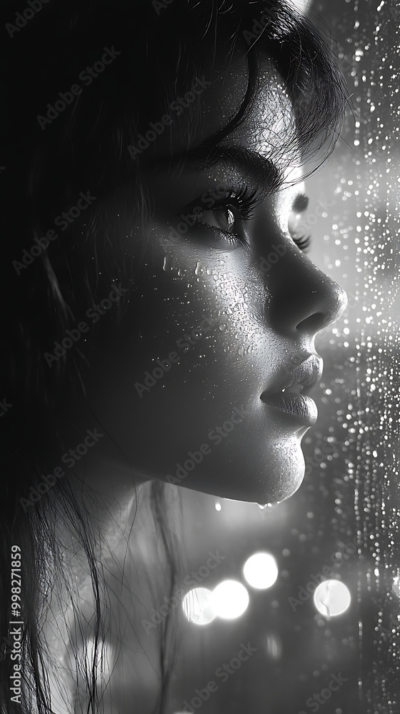 Black and White Photograph of a Woman Looking Out of a Rain-Streaked Window Black and White Photograph of a Woman Looking Out of a Rain-Streaked Window
