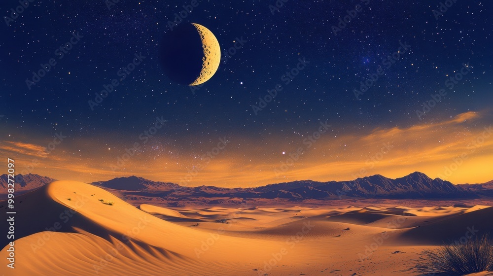 Crescent moon over a golden desert with sand dunes and distant mountains, under a vast starry sky, evoking calm and mystery. Crescent moon over a golden desert with sand dunes and distant mountains, under a vast starry sky, evoking calm and mystery.