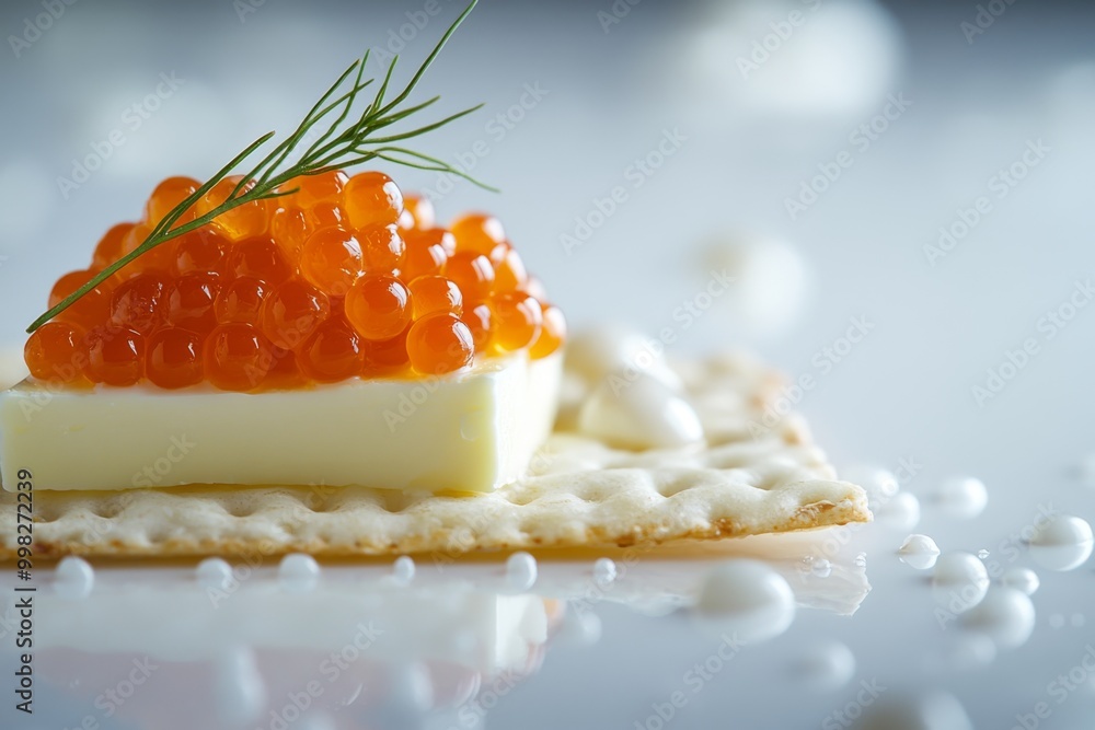 a visually appealing canapã© composed of a delicate portion cracker, a rich pat of butter, and a sprinkle of vibrant red caviar, beautifully presented on a clean white surface. a visually appealing canapã© composed of a delicate portion cracker, a rich pat of butter, and a sprinkle of vibrant red caviar, beautifully presented on a clean white surface.