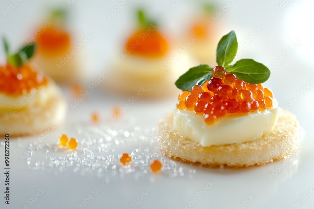 a visually appealing canapã© composed of a delicate portion cracker, a rich pat of butter, and a sprinkle of vibrant red caviar, beautifully presented on a clean white surface. a visually appealing canapã© composed of a delicate portion cracker, a rich pat of butter, and a sprinkle of vibrant red caviar, beautifully presented on a clean white surface.