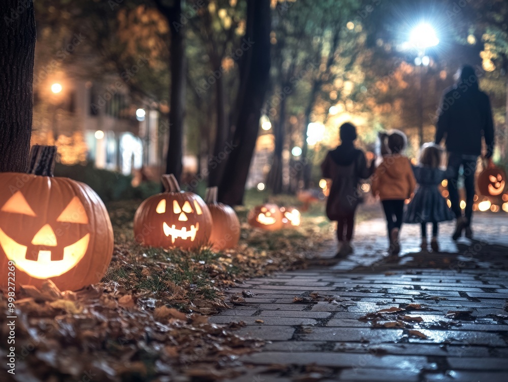 Obraz premium Spooky Halloween carnival at night family walking through glowing jack-o-lantern displays
