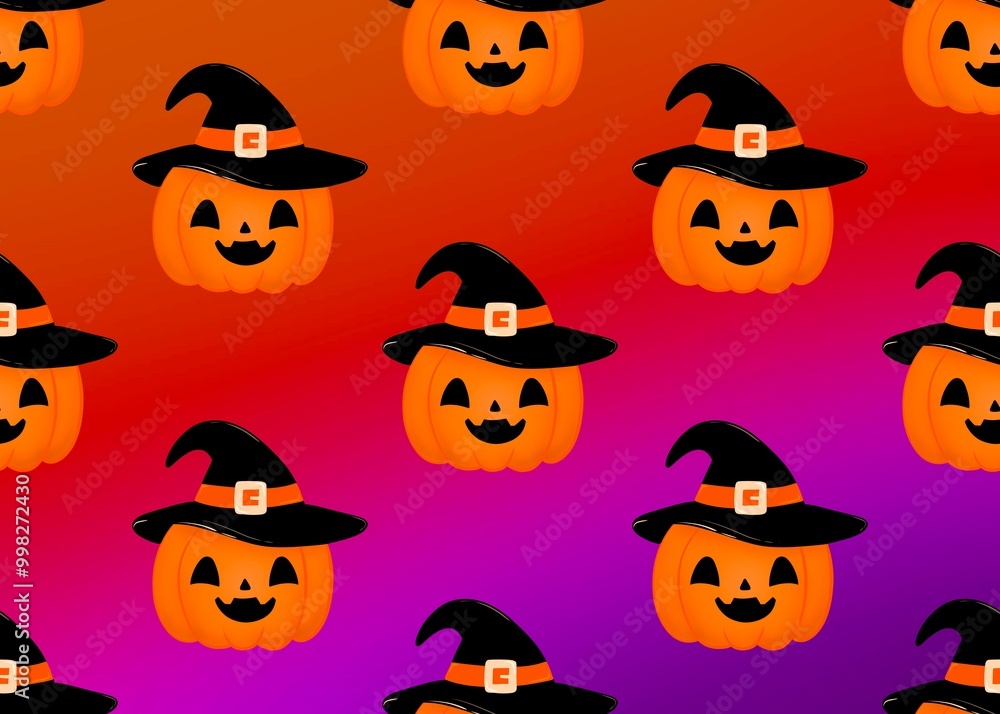 Seamless pattern with a pumpkin in a hat. Halloween pattern with an orange smiling pumpkin. Autumn mood. Pumpkin with a funny face. Pumpkin in a hat. Seamless pattern with a pumpkin in a hat. Halloween pattern with an orange smiling pumpkin. Autumn mood. Pumpkin with a funny face. Pumpkin in a hat.