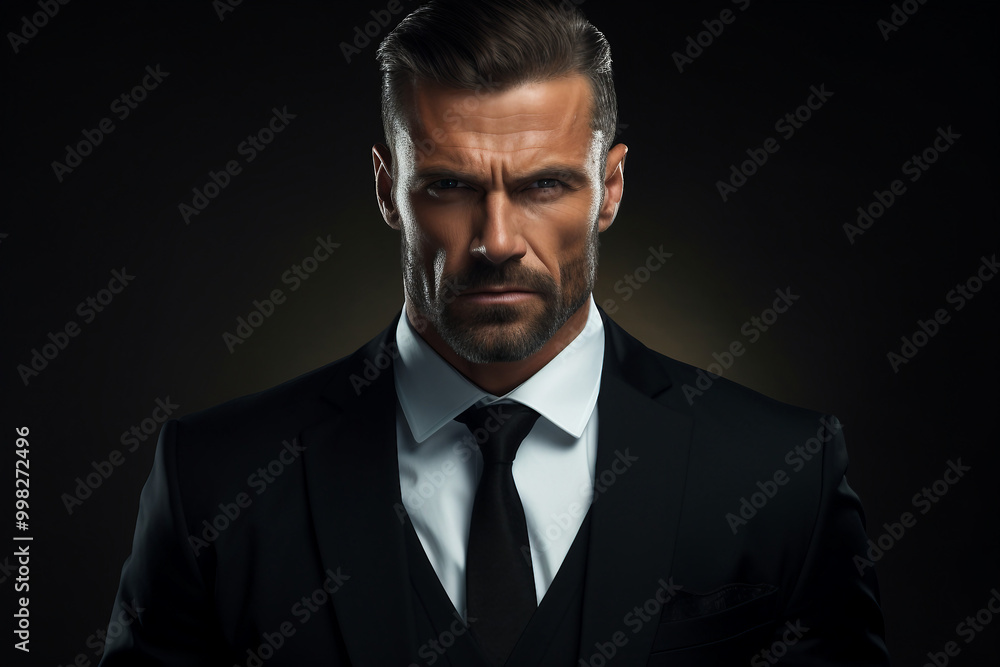 Generative AI illustration of secret agent spy person classic spy movie stylish action clothes scene Generative AI illustration of secret agent spy person classic spy movie stylish action clothes scene