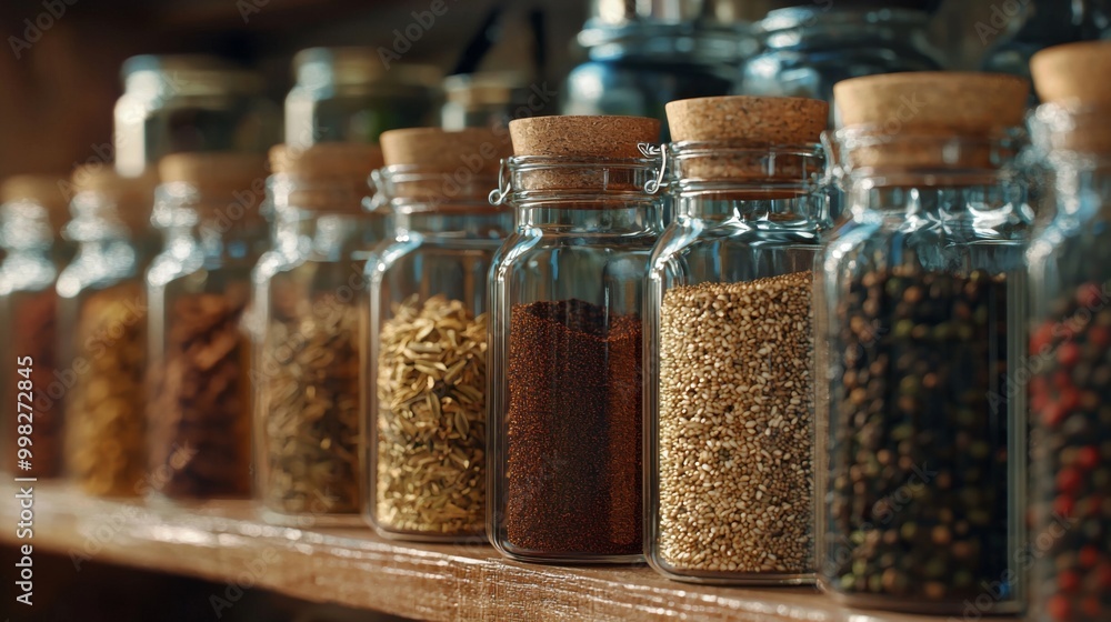 Close-up glass jars filled with various spices and herbs. Arranged for easy access while cooking Close-up glass jars filled with various spices and herbs. Arranged for easy access while cooking