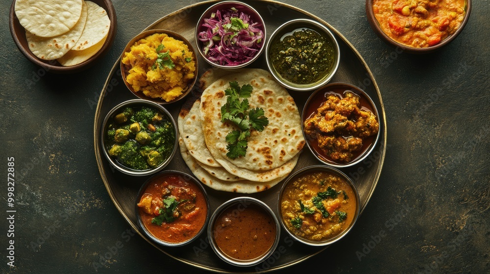 An overhead view of a traditional Indian thali, featuring an assortment ...