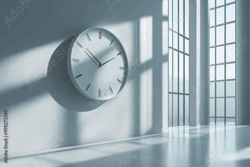 A large, white clock hangs on a wall in a modern, minimalist room, with sunlight streaming in from large windows. photo