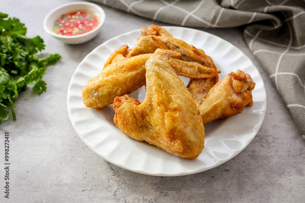Home made Fried chicken wings in a white plate on cement background Home made Fried chicken wings in a white plate on cement background