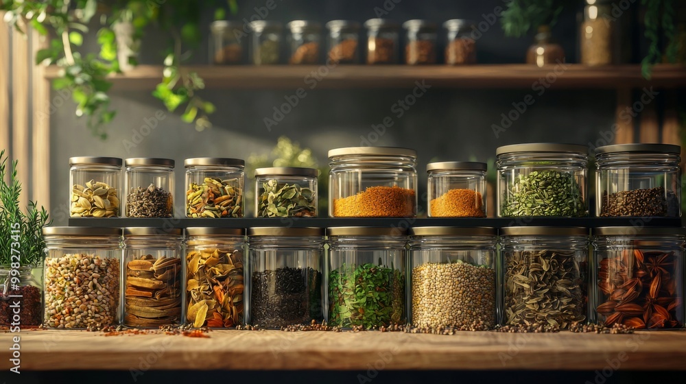 Close-up glass jars filled with various spices and herbs. Arranged for easy access while cooking Close-up glass jars filled with various spices and herbs. Arranged for easy access while cooking