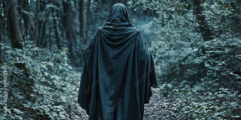 Whispering Woodland Wanderer: A figure draped in a flowing cloak, walking silently through the twilight woods. Whispering Woodland Wanderer: A figure draped in a flowing cloak, walking silently through the twilight woods.