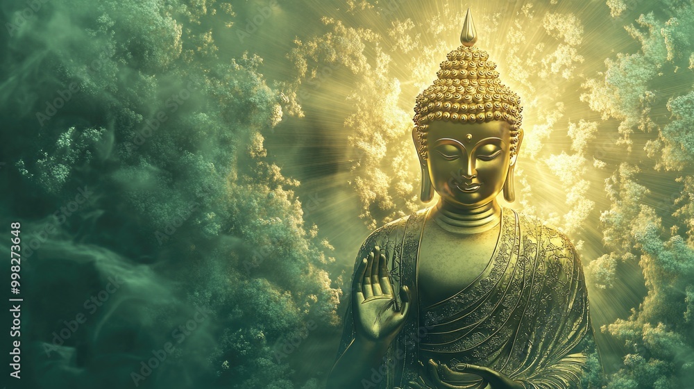 Obraz premium Stunning golden Lord Buddha surrounded by fluffy light green rays, creating a radiant backdrop of divine light and spiritual tranquility