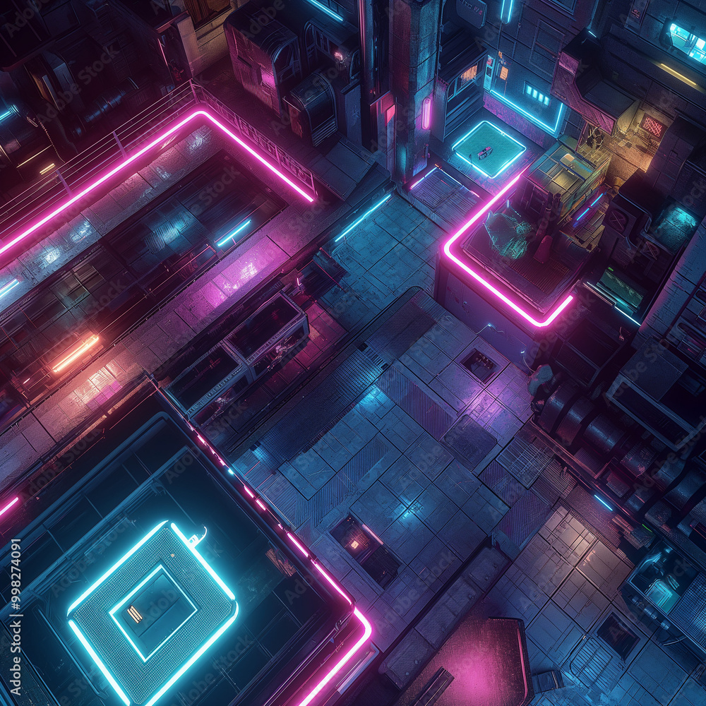 Dystopian Cyberpunk City Battle Map for Tabletop Role-Playing Games, Sci-Fi RPG Map with Neon Details, High-Tech Urban Environment for Cyberpunk Campaigns, Top-Down Digital Background for RPG Sessions Dystopian Cyberpunk City Battle Map for Tabletop Role-Playing Games, Sci-Fi RPG Map with Neon Details, High-Tech Urban Environment for Cyberpunk Campaigns, Top-Down Digital Background for RPG Sessions