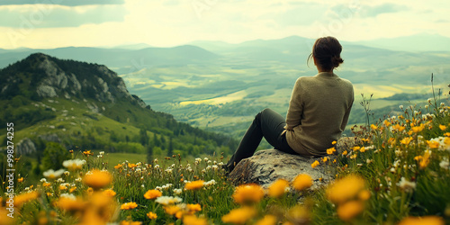 Mossy Mountain Meadow Muser: A person sitting on a rock, admiring a meadow dotted with wildflowers and distant hills. photo