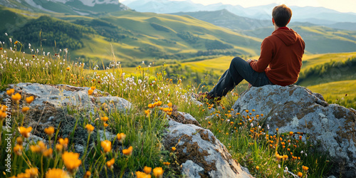 Mossy Mountain Meadow Muser: A person sitting on a rock, admiring a meadow dotted with wildflowers and distant hills. photo