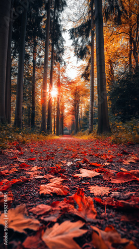 Scenic autumn forest path covered in vibrant fallen leaves with golden sunlight streaming through the trees, captured in a serene, dreamy atmosphere with warm tones and shallow depth of field.