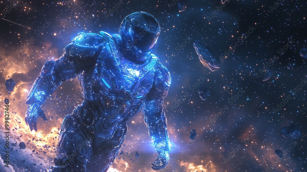Glowing Warrior in Cosmic Space Environment Glowing Warrior in Cosmic Space Environment