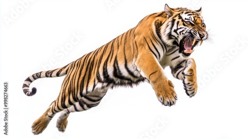 tiger jumping vertically vicious roar plai white background 