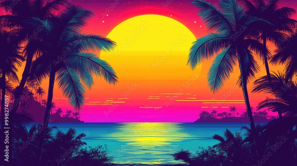 Retro sunset with palm trees framing the scene featuring vibrant neon shades of orange yellow purple and blue Retro sunset with palm trees framing the scene featuring vibrant neon shades of orange yellow purple and blue