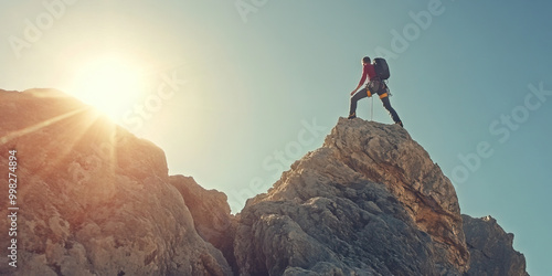 Rocky Ridge Rambler: A person hiking along a winding path through jagged rocks and verdant trees.