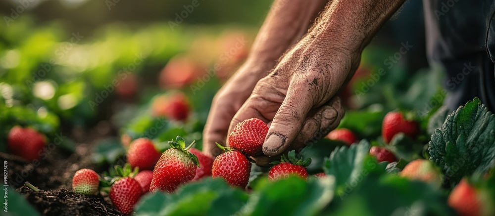 Closeup of a farmer's hands picking ripe strawberries from a field. Closeup of a farmer's hands picking ripe strawberries from a field.