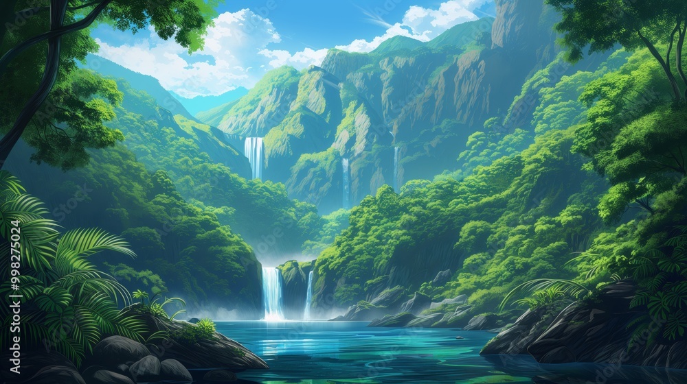 A serene waterfall cascades into a tranquil pool surrounded by lush greenery and towering mountains. A serene waterfall cascades into a tranquil pool surrounded by lush greenery and towering mountains.