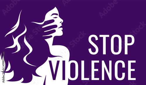 Stop Violence against women banner with silhouette of strong young woman. Male hand holds the female face. Domestic abuse and sexual harassment. Vector illustration