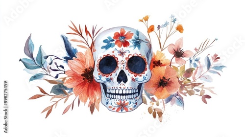 Watercolor illustration of a floral sugar skull featuring a spooky Halloween character designed as a holiday clip art on a white background