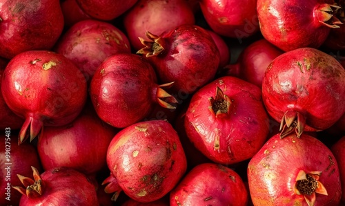 vibrant pile of fresh, ripe pomegranates, backdrop showcasing their rich red hues and textured skin, symbolizing abundance, health, and the beauty of natural produce