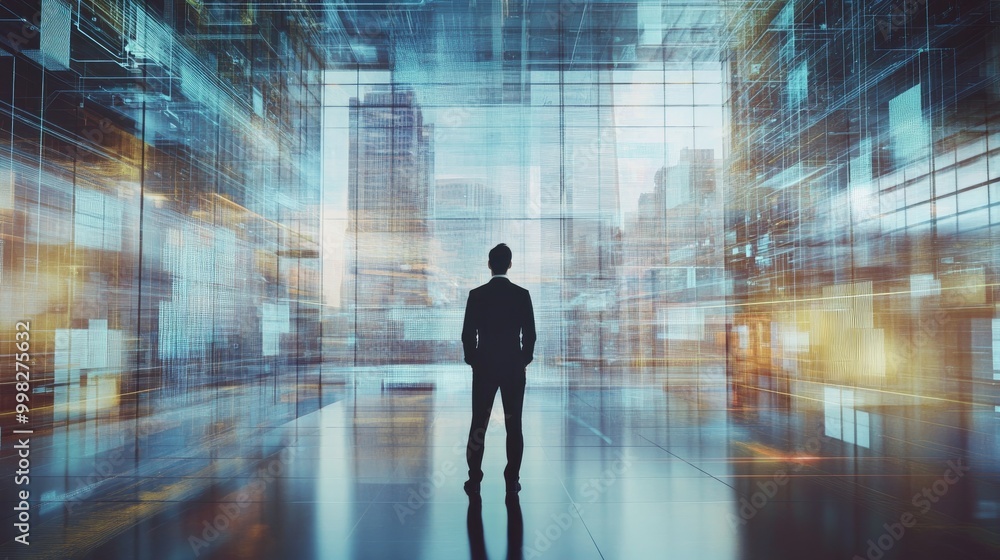 A businessman stands in a futuristic open office interior blurred with a high tech overlay focusing on corporate strategy for finance operations and marketing A businessman stands in a futuristic open office interior blurred with a high tech overlay focusing on corporate strategy for finance operations and marketing