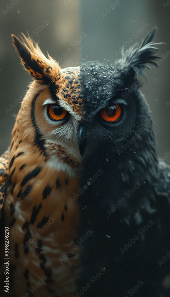 A close up of an owl with bright orange eyes. A close up of an owl with bright orange eyes.