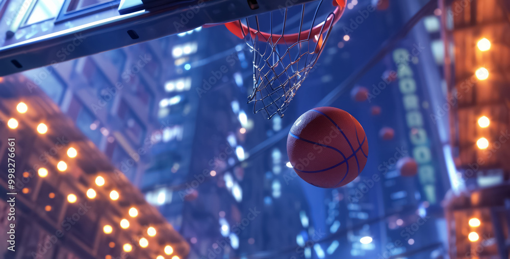 basketball ball swishes through hoop under bright arena lights, capturing the thrilling moment of successful shot, symbolizing victory and athletic excellence, creative sport background basketball ball swishes through hoop under bright arena lights, capturing the thrilling moment of successful shot, symbolizing victory and athletic excellence, creative sport background