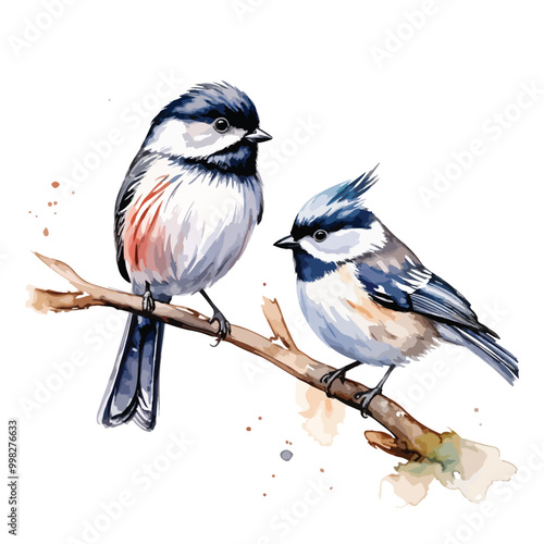 sparrow and cute long-tailed tit watercolor vector watercolor art isolated on white background