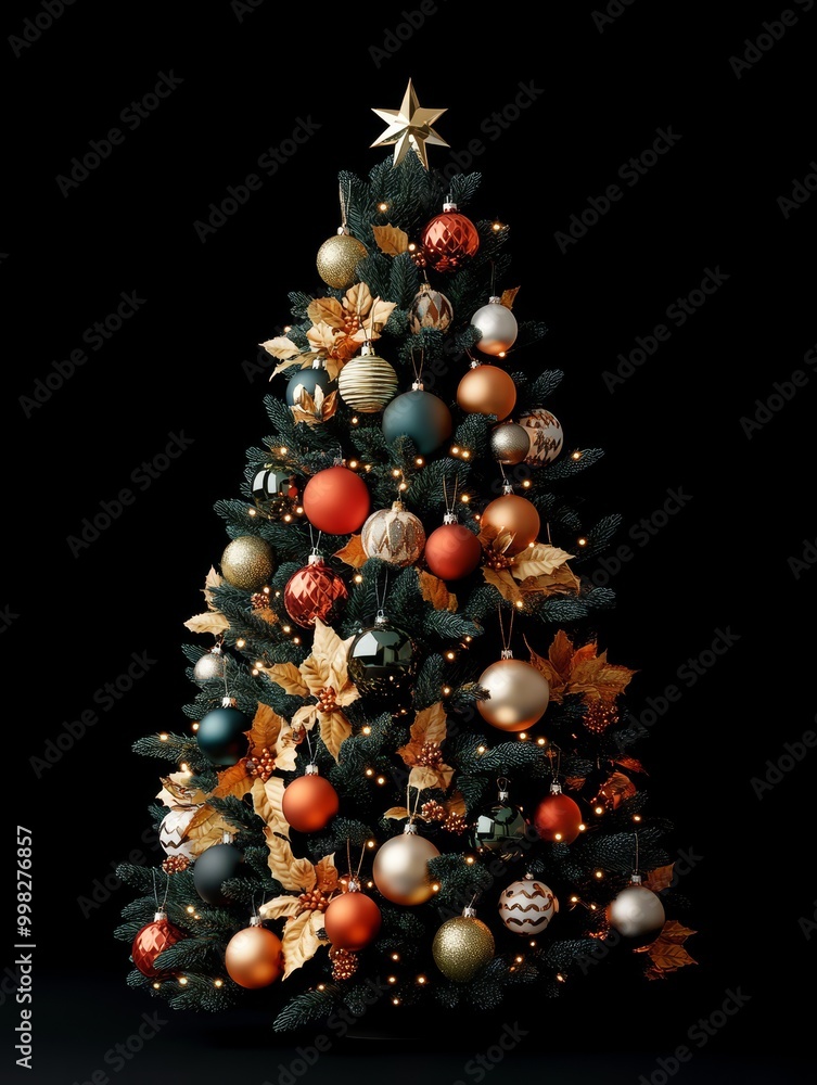 Elegant Christmas tree adorned with gold, red, and green ornaments illuminated against a dark background Elegant Christmas tree adorned with gold, red, and green ornaments illuminated against a dark background