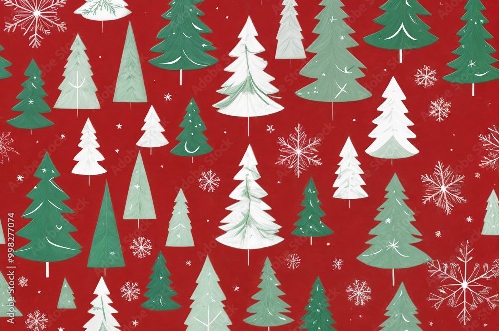 Obraz premium Pattern of Christmas Trees and Snowflakes in Red, Green, and White on red Background