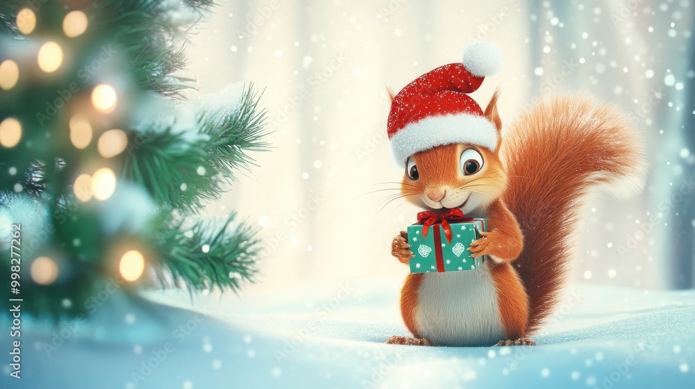 A Cute Squirrel with a Christmas Gift A Cute Squirrel with a Christmas Gift