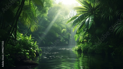 Lush tropical jungle with sunlight breaking through the canopy and a stream running through the center.