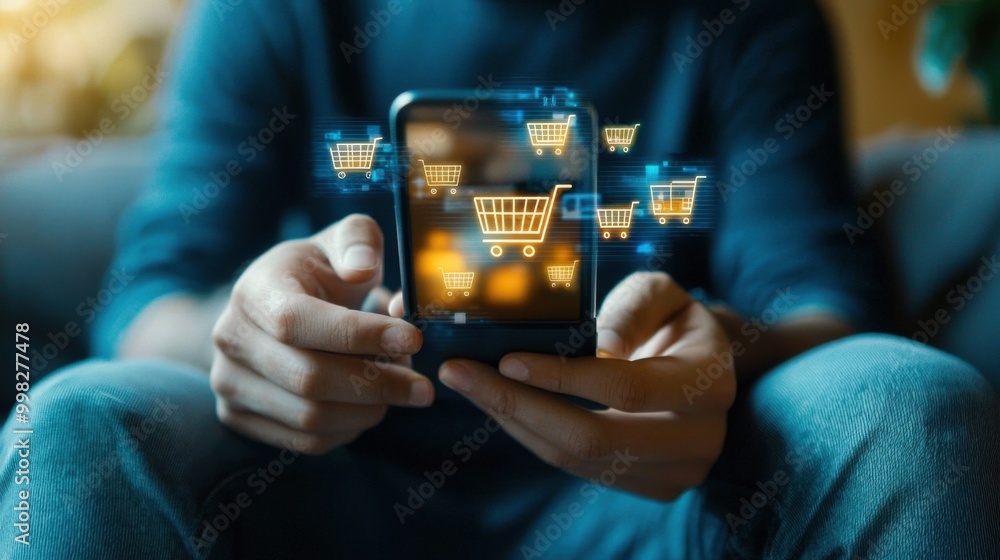 A man relaxing on a sofa using his smartphone to shop online with the focus on his hands holding the device and shopping cart icons on the screen A man relaxing on a sofa using his smartphone to shop online with the focus on his hands holding the device and shopping cart icons on the screen