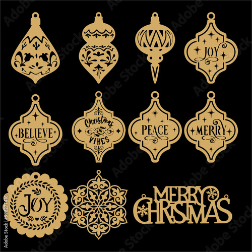 Merry Christmas decor ornament element, hanging items for laser cutting, Floral photo