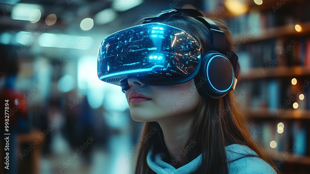 School student with VR headset using AI artificial intelligence technology & machine learning. Interactive technology in classroom. Innovation & smart tech. AI blue hologram in education School student with VR headset using AI artificial intelligence technology & machine learning. Interactive technology in classroom. Innovation & smart tech. AI blue hologram in education