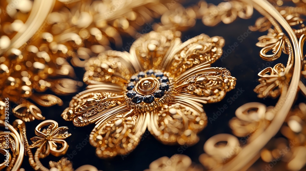 Intricate Gold Filigree Design on Black Surface Intricate Gold Filigree Design on Black Surface