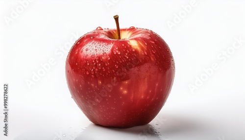 Bright red apple isolated on white background, highlighting the water droplets that stick to it.