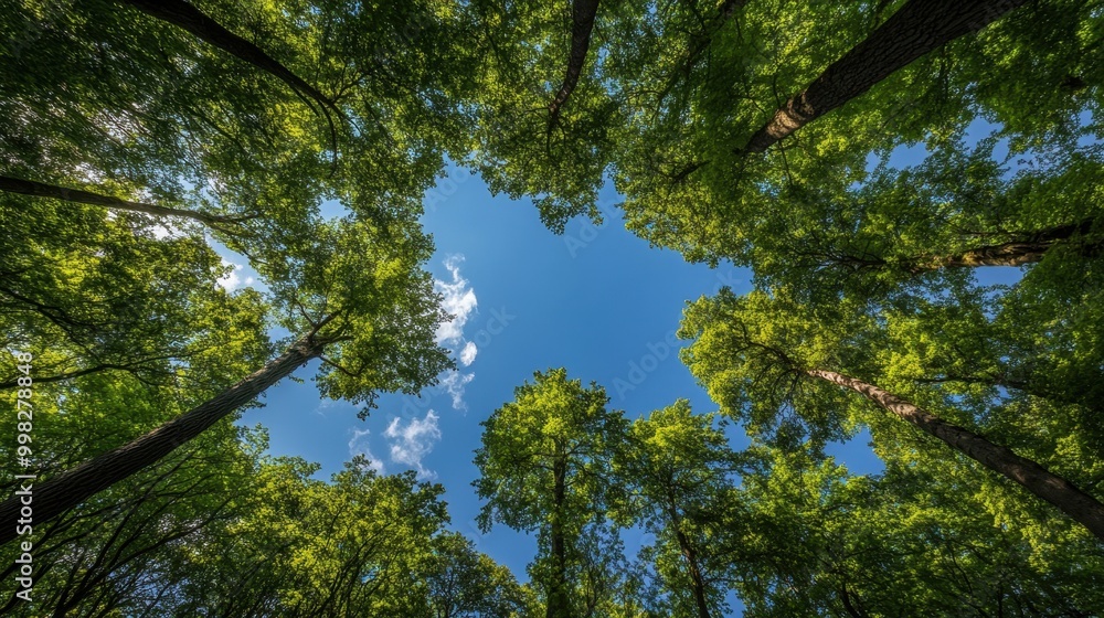 Obraz premium Towering trees form a lush green canopy under a vibrant blue sky, offering a serene nature backdrop with room for text